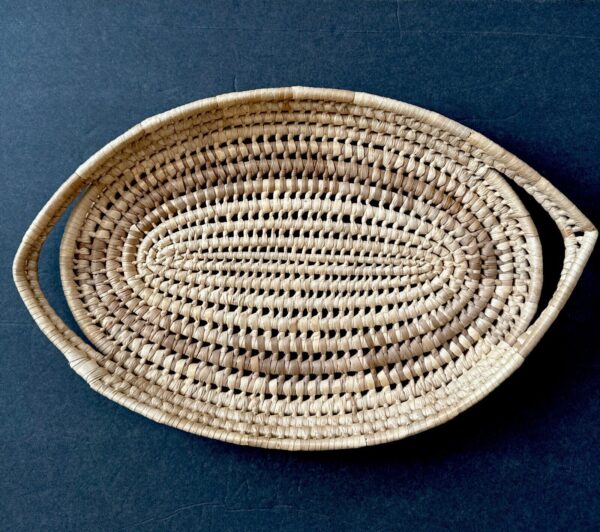 Unique Woven Wicker Oval Basket 18 inch Boho Serving Tray Handles Beige Brown - Image 2