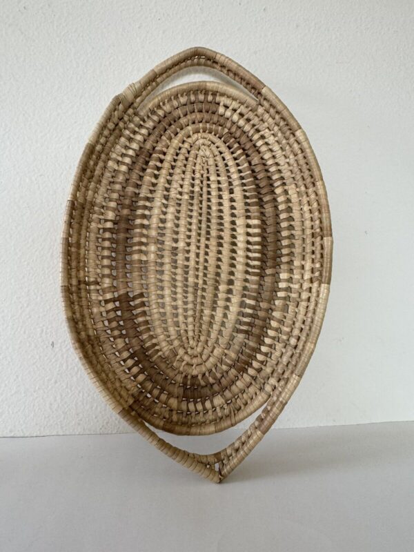 Unique Woven Wicker Oval Basket 18 inch Boho Serving Tray Handles Beige Brown - Image 3