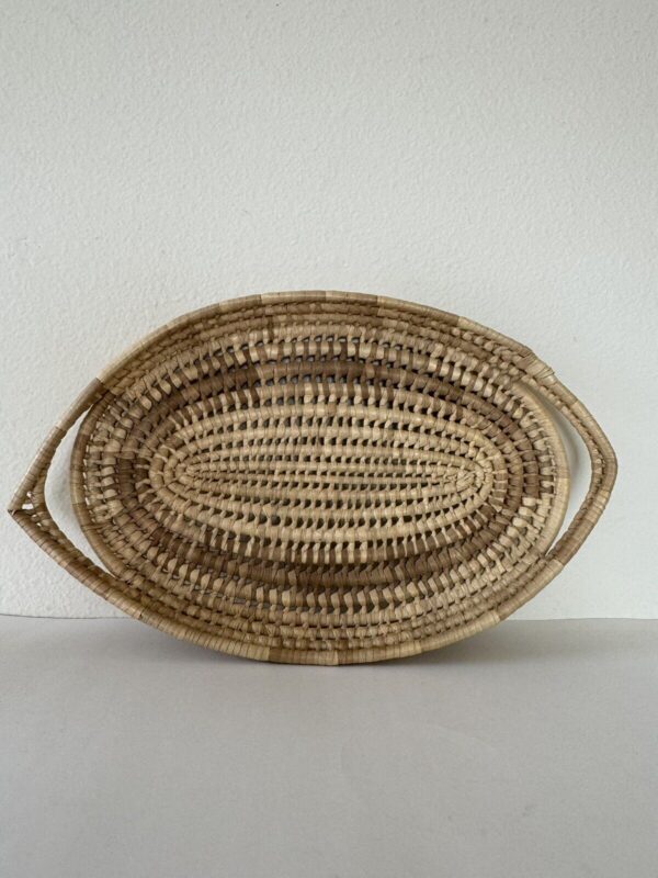 Unique Woven Wicker Oval Basket 18 inch Boho Serving Tray Handles Beige Brown - Image 4