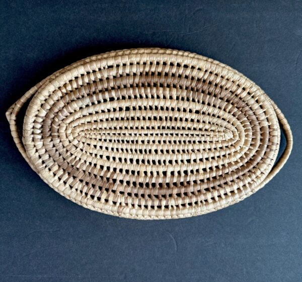 Unique Woven Wicker Oval Basket 18 inch Boho Serving Tray Handles Beige Brown - Image 6