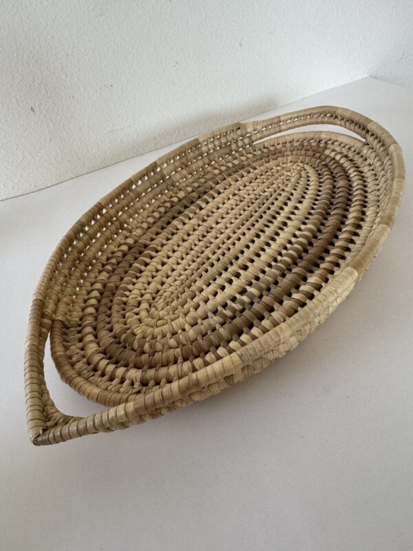 Unique Woven Wicker Oval Basket 18 inch Boho Serving Tray Handles Beige Brown