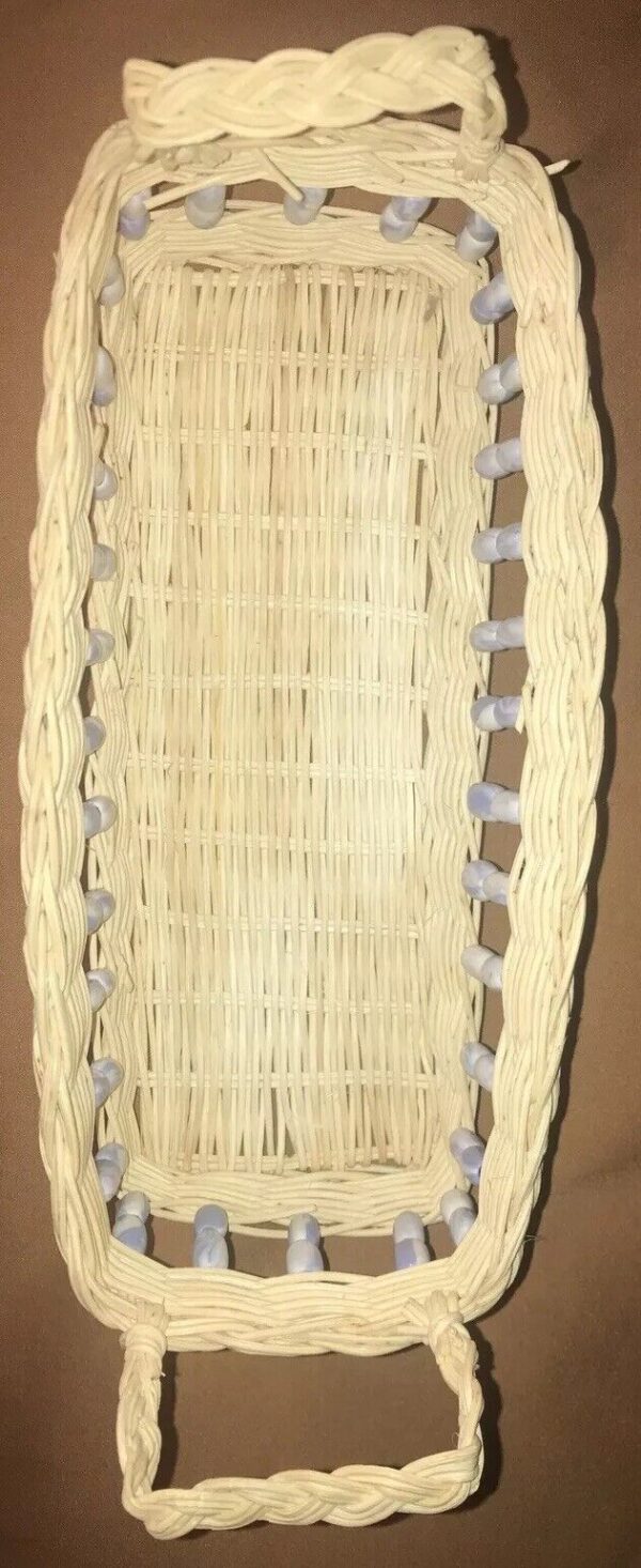 Used Wicker Woven Oblong Basket With Blue Ceramic Beaded Open Design - Image 2