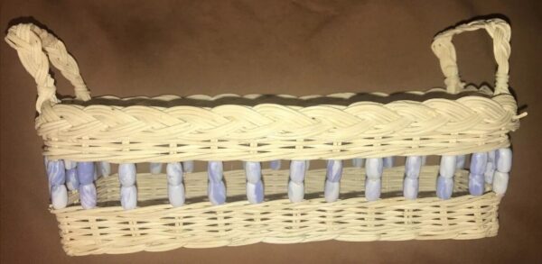 Used Wicker Woven Oblong Basket With Blue Ceramic Beaded Open Design - Image 4