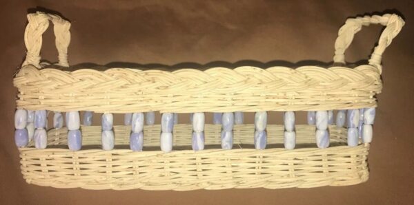 Used Wicker Woven Oblong Basket With Blue Ceramic Beaded Open Design - Image 5