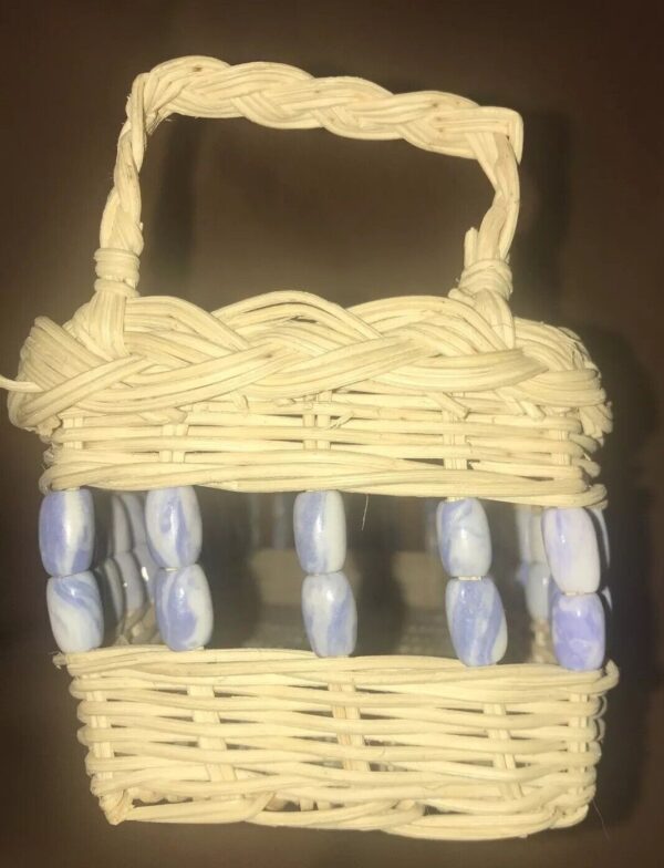 Used Wicker Woven Oblong Basket With Blue Ceramic Beaded Open Design - Image 6