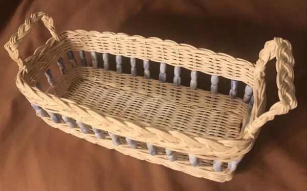 Used Wicker Woven Oblong Basket With Blue Ceramic Beaded Open Design