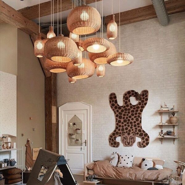 Village Rattan Pendant Light Handmade Natural Wicker Lamps Luminaire Ceiling - Image 3