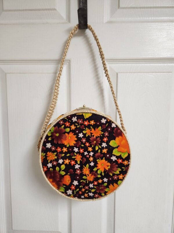 Vintage 1970s Round Basket Purse Handbag Velveteen Floral Design Retro Hippie