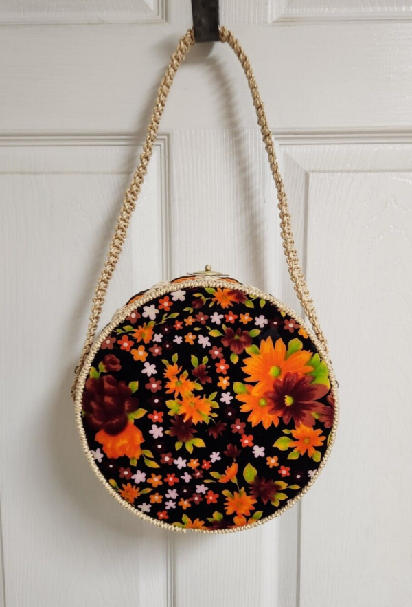 Vintage 1970s Round Basket Purse Handbag Velveteen Floral Design Retro Hippie - Image 2