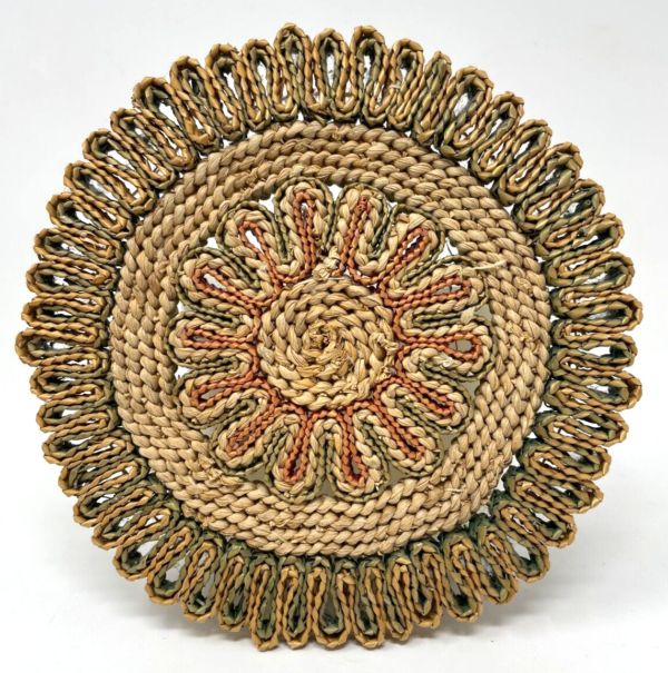 Vintage 1970's Woven Wicker Rattan Trivet, Red & Green Boho Basket Weave - Image 2