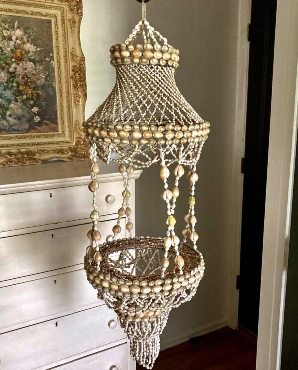 Vintage 34" Boho Seashell Hanging Basket Plant Holder Cottage Beach Cowrie Puka - Image 2