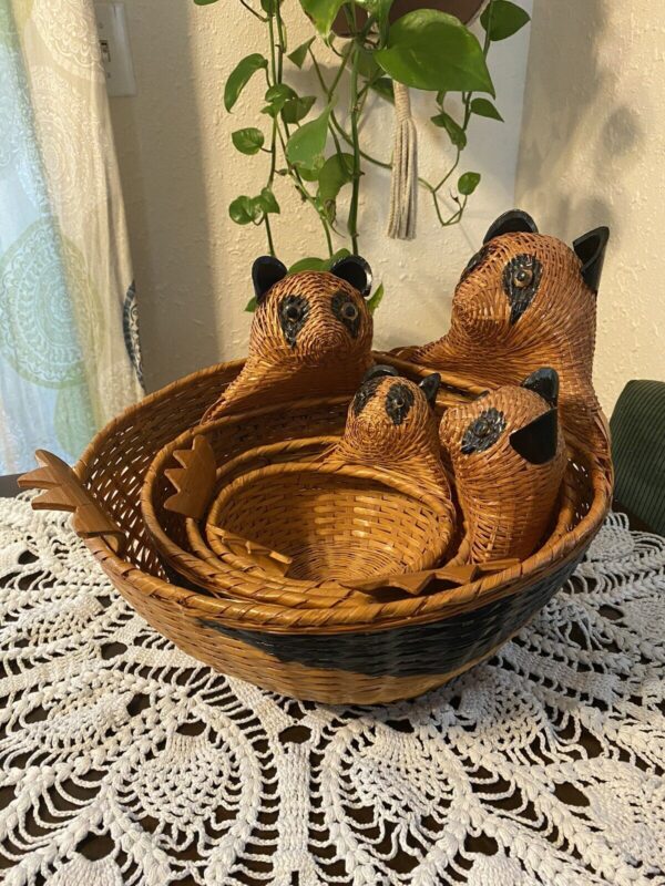 Vintage Asian Panda Wicker Basket Set Boho Whimsical Unique Home Decor Gift Idea