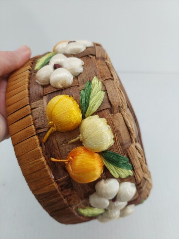 Vintage Basket With Woven Fruit Vegetables On Sides 8 to 10" planter boho decor - Image 3