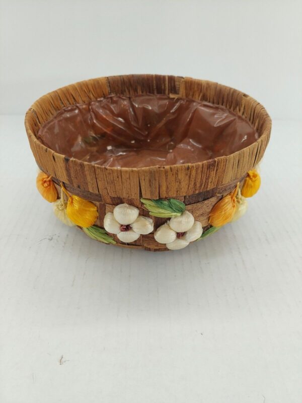 Vintage Basket With Woven Fruit Vegetables On Sides 8 to 10" planter boho decor - Image 4