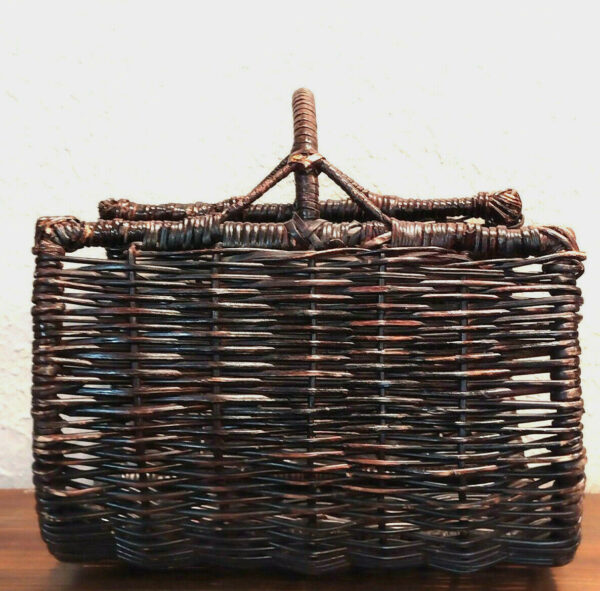 Vintage Basket Woven Wicker Rattan Wood Log Holder Magazine Books Bohemian