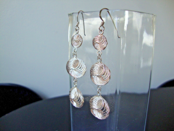 VINTAGE BOHO 3D MODERNIST GRADUATED SPIRAL BASKETS SILVER 925 DANGLE EARRINGS - Image 2