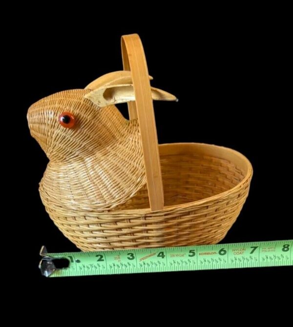 Vintage BOHO Basket Rabbit With Glass Eyes Handmade 1970s Rattan Wicker MCM 7" - Image 2