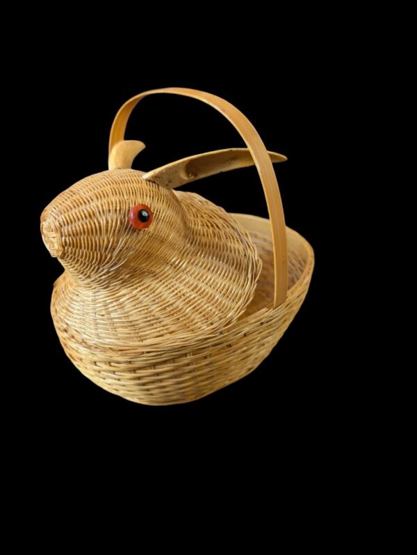 Vintage BOHO Basket Rabbit With Glass Eyes Handmade 1970s Rattan Wicker MCM 7" - Image 5