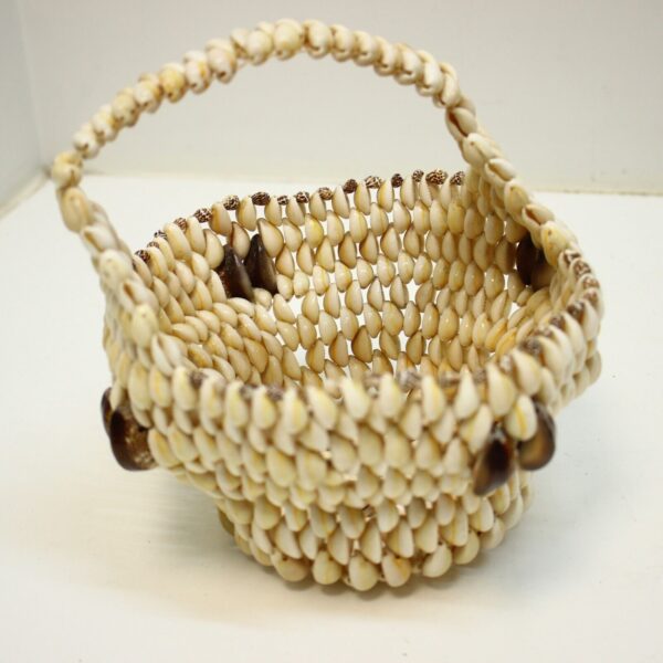 Vintage Boho Beach Cottage Cowrie Puka Seashell Basket with handle - Image 2