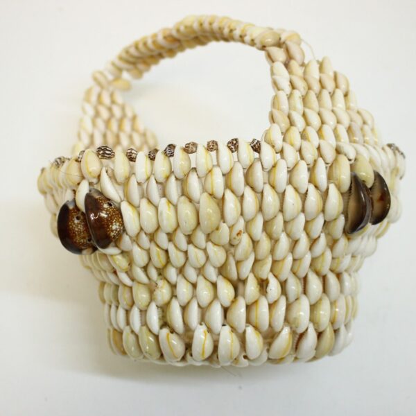 Vintage Boho Beach Cottage Cowrie Puka Seashell Basket with handle