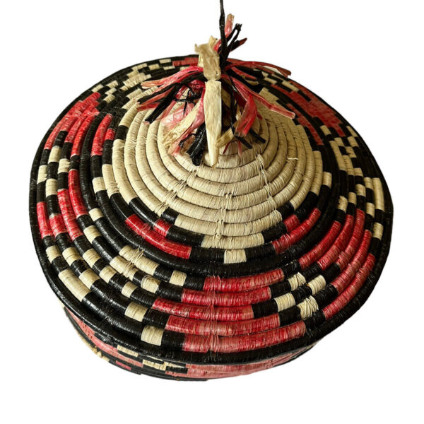 Vintage Boho Coiled Basket with Lid Hand Woven Natural Fiber Aztec African 9” - Image 2