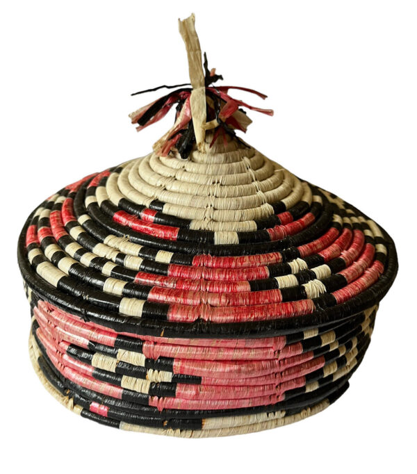 Vintage Boho Coiled Basket with Lid Hand Woven Natural Fiber Aztec African 9”