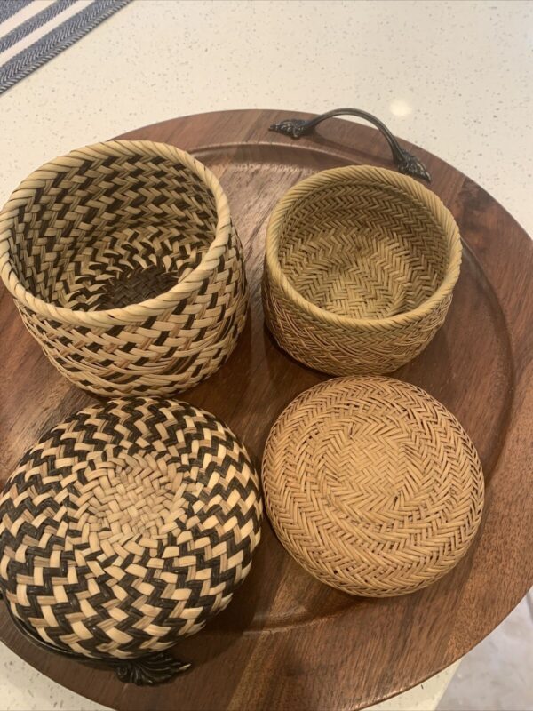 Vintage Boho Hand Woven Sweet Grass Baskets With Lids Trinket Box Storage Case - Image 3