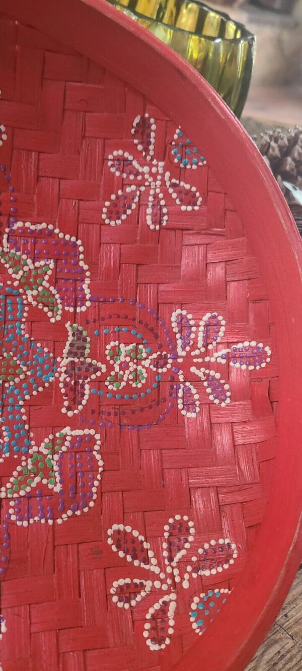 Vintage Boho Red Wicker Serving Basket Or Table Decor Handpainted Design 9.5 In - Image 5
