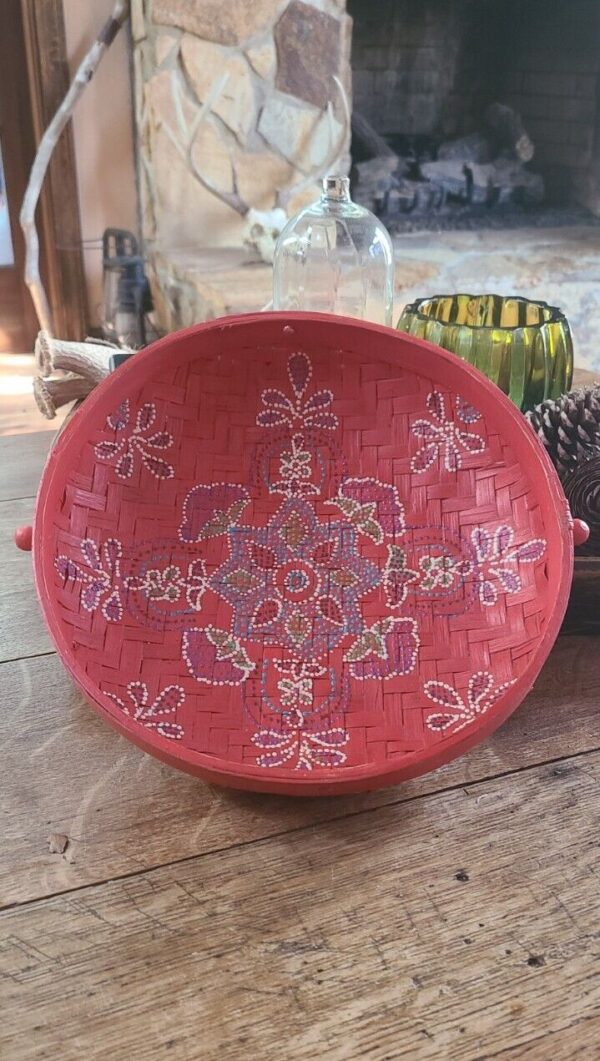 Vintage Boho Red Wicker Serving Basket Or Table Decor Handpainted Design 9.5 In