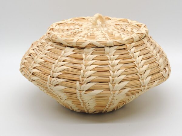 Vintage Boho Wicker Woven Trinket Box Basket w Lid Handle Striped Tribal Storage - Image 2