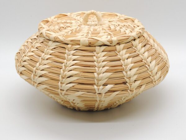 Vintage Boho Wicker Woven Trinket Box Basket w Lid Handle Striped Tribal Storage - Image 3