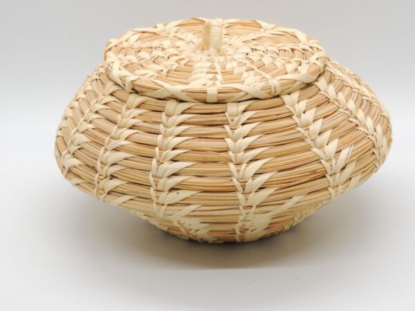 Vintage Boho Wicker Woven Trinket Box Basket w Lid Handle Striped Tribal Storage - Image 4