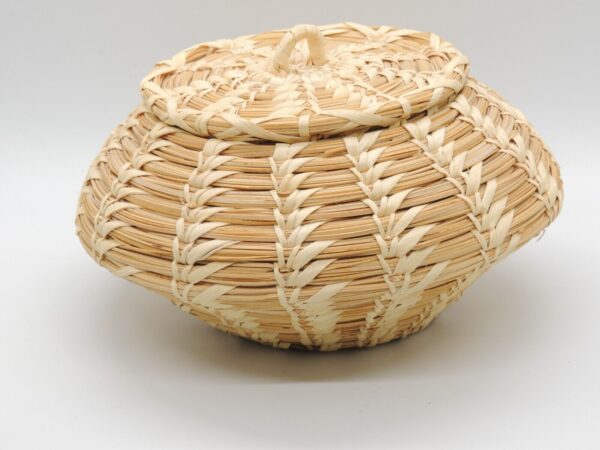 Vintage Boho Wicker Woven Trinket Box Basket w Lid Handle Striped Tribal Storage - Image 5