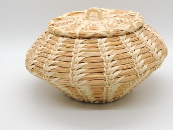 Vintage Boho Wicker Woven Trinket Box Basket w Lid Handle Striped Tribal Storage - Image 6