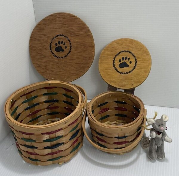 Vintage Boyds Bears Mini Woven Basket Set Bear Paw Print Leather Accents &Mouse