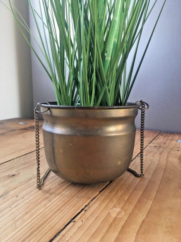 VINTAGE BRASS HANGING BASKET PLANTER PLANT POT & CHAIN ANTIQUE BOHO CACTI HERBS - Image 3