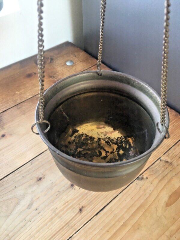 VINTAGE BRASS HANGING BASKET PLANTER PLANT POT & CHAIN ANTIQUE BOHO CACTI HERBS - Image 4