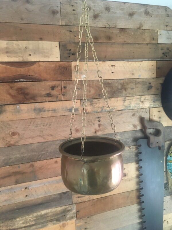 VINTAGE BRASS HANGING BASKET PLANTER PLANT POT & CHAIN ANTIQUE CACTI BOHO HERBS - Image 6