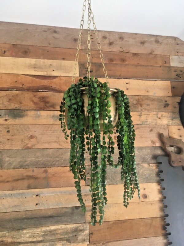 VINTAGE BRASS HANGING BASKET PLANTER PLANT POT & CHAIN ANTIQUE CACTI BOHO HERBS - Image 3