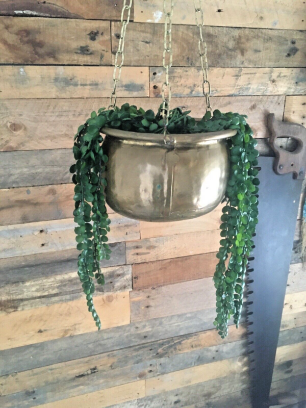 VINTAGE BRASS HANGING BASKET PLANTER PLANT POT & CHAIN ANTIQUE CACTI BOHO HERBS - Image 5