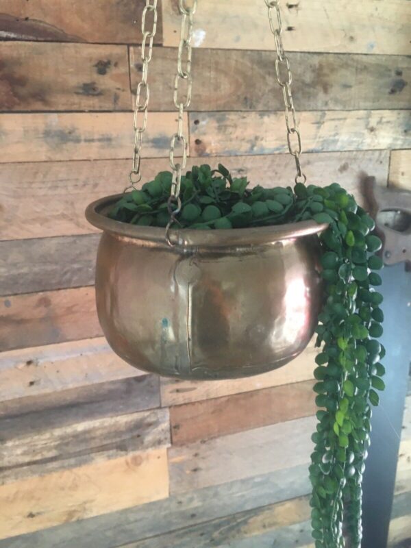 VINTAGE BRASS HANGING BASKET PLANTER PLANT POT & CHAIN ANTIQUE CACTI BOHO HERBS