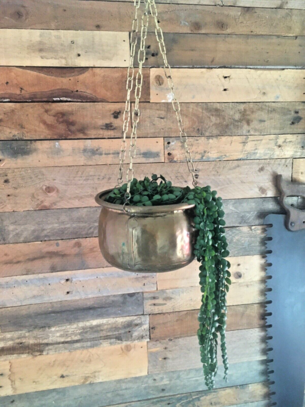 VINTAGE BRASS HANGING BASKET PLANTER PLANT POT & CHAIN ANTIQUE CACTI BOHO HERBS - Image 2