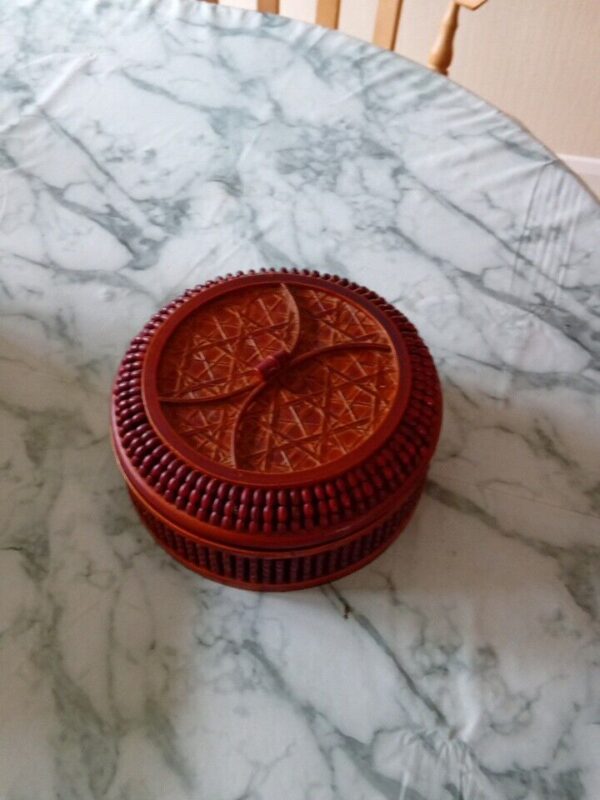 Vintage Brown Woven Bamboo Beads Ware Lidded Container / Storage / Trinkets