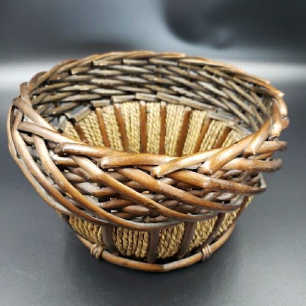 Vintage Brown Woven Wicker Round Basket Planter Boho Natural 8 Inch Two Tone - Image 2