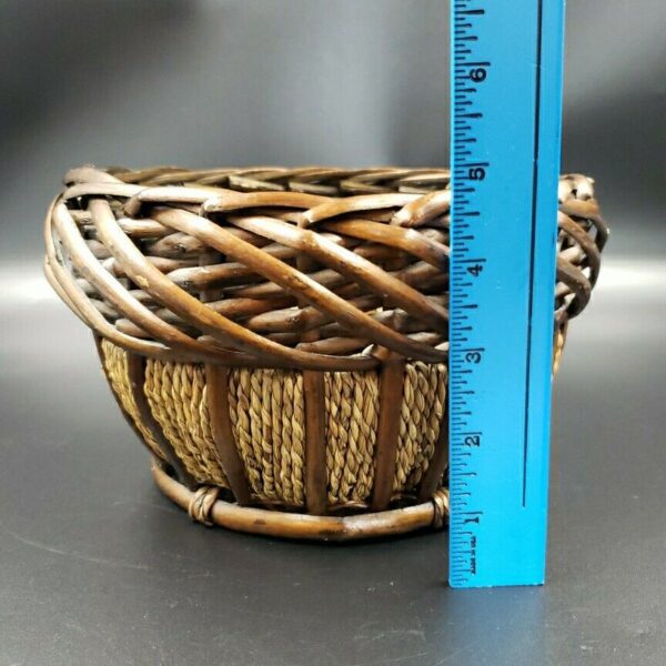 Vintage Brown Woven Wicker Round Basket Planter Boho Natural 8 Inch Two Tone - Image 3