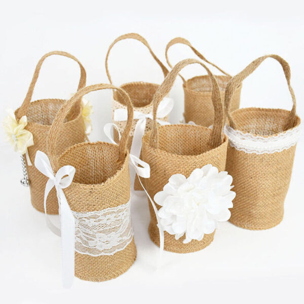 Vintage Burlap Jute Lace Bowknot Flower Basket Rustic Wedding Flower Girl Basket - Image 2