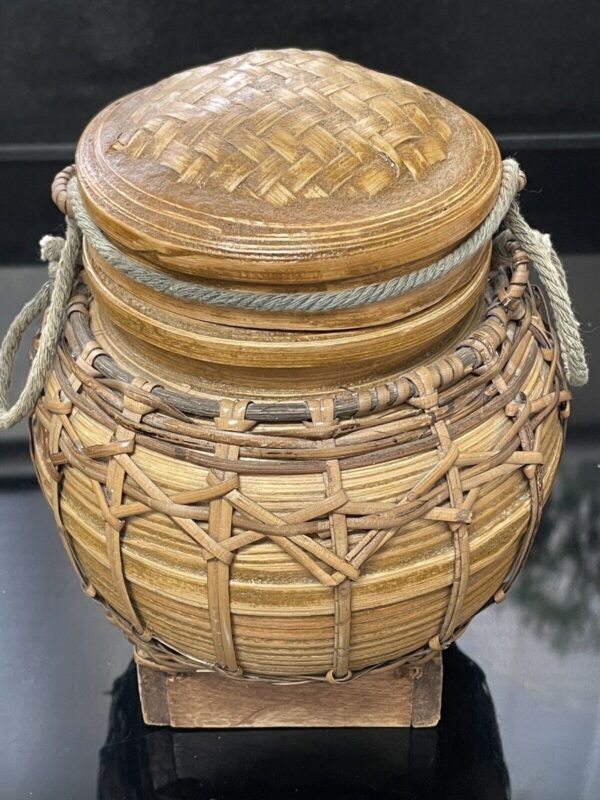 Vintage Burmese Thai Hand Woven Bamboo Rice Seed Basket Container 7” High - Image 3