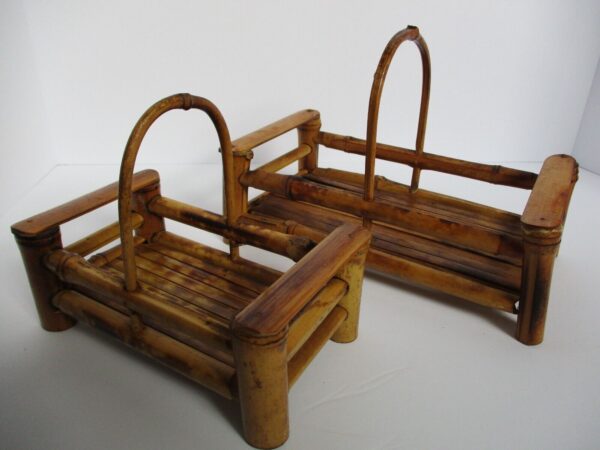 Vintage Burnt Bamboo Wood Caddy Set Basket Holders Footed Boho Retro Caddies - Image 2