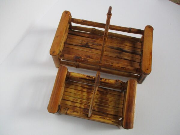 Vintage Burnt Bamboo Wood Caddy Set Basket Holders Footed Boho Retro Caddies - Image 5