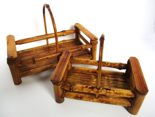 Vintage Burnt Bamboo Wood Caddy Set Basket Holders Footed Boho Retro Caddies